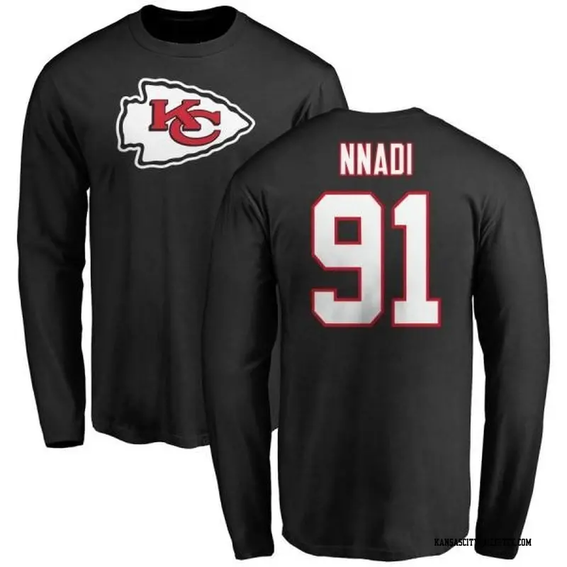 Men's Kansas City Chiefs ＃91 Derrick Nnadi Black Name & Number Logo Long Sleeve T-Shirt