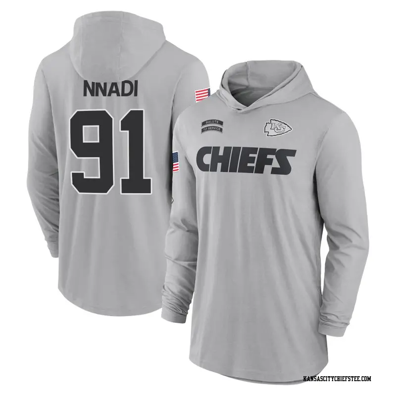 Men's Kansas City Chiefs ＃91 Derrick Nnadi Gray 2024 Salute to Service Lightweight Performance Long Sleeve Hooded T-Shirt