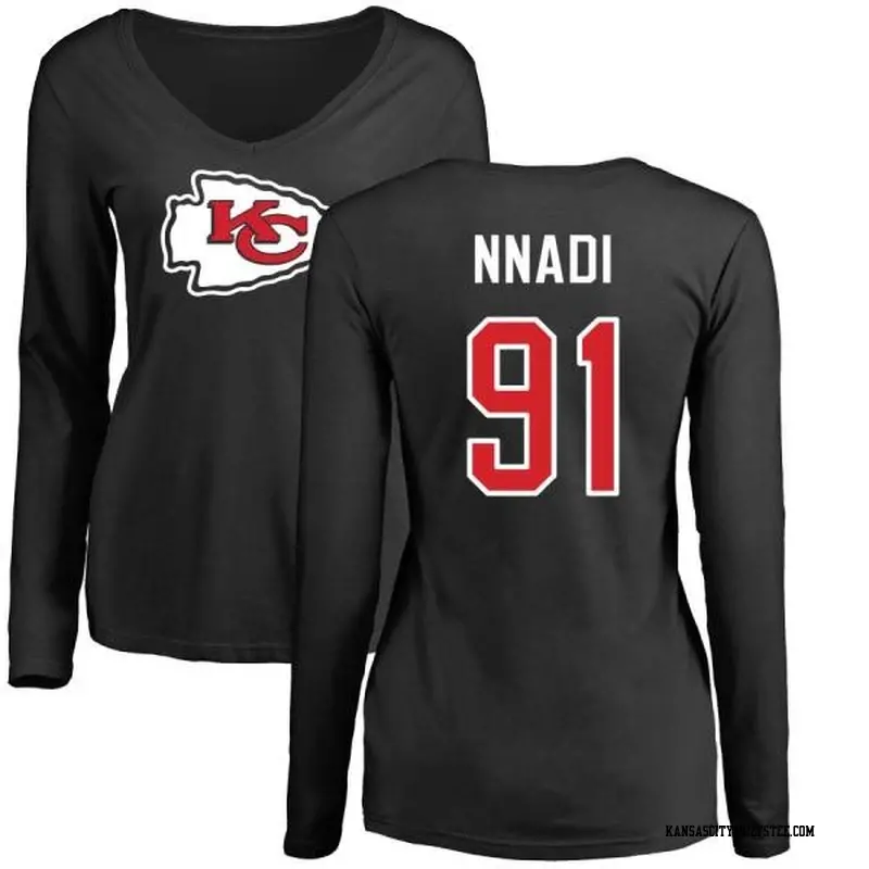 Women's Kansas City Chiefs ＃91 Derrick Nnadi Black Name & Number Logo Slim Fit Long Sleeve T-Shirt