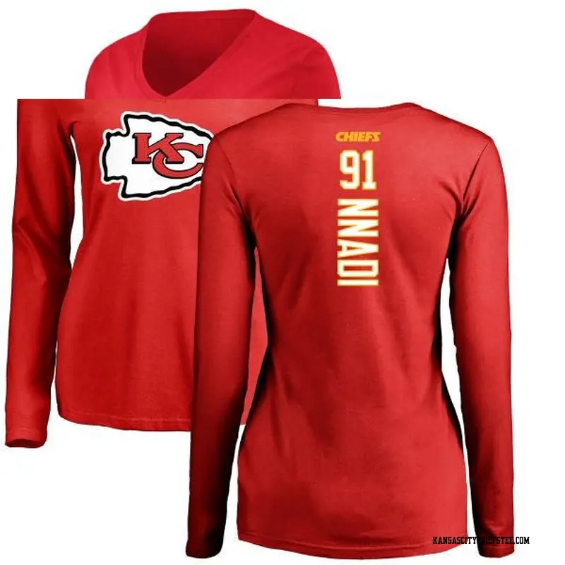 Women's Kansas City Chiefs ＃91 Derrick Nnadi Red Backer Slim Fit Long Sleeve T-Shirt