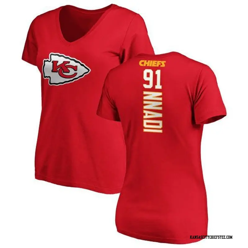 Women's Kansas City Chiefs ＃91 Derrick Nnadi Red Backer Slim Fit T-Shirt