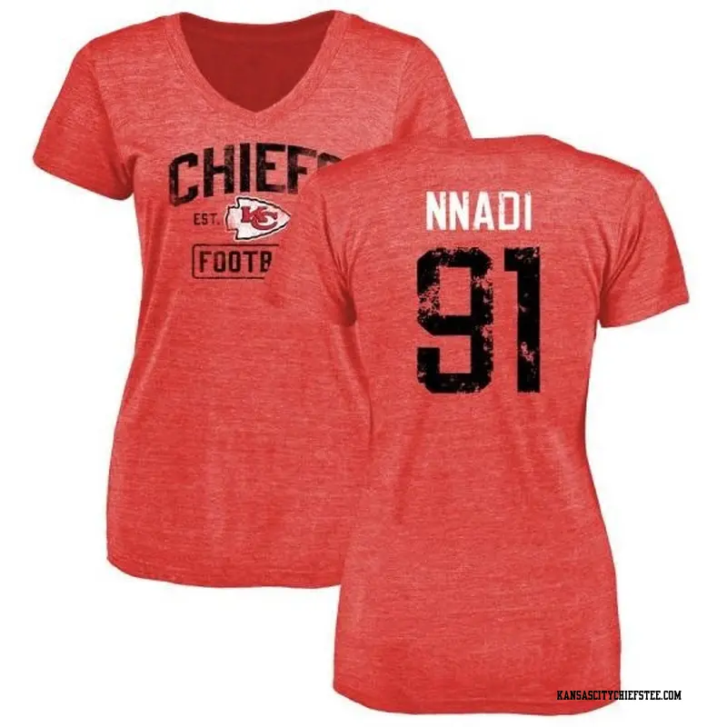 Women's Kansas City Chiefs ＃91 Derrick Nnadi Red Distressed Name & Number V-Neck T-Shirt