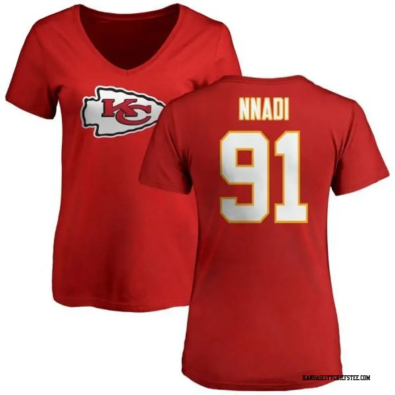 Women's Kansas City Chiefs ＃91 Derrick Nnadi Red Logo Slim Fit T-Shirt