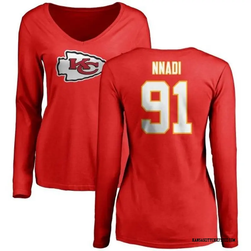 Women's Kansas City Chiefs ＃91 Derrick Nnadi Red Name & Number Logo Slim Fit Long Sleeve T-Shirt