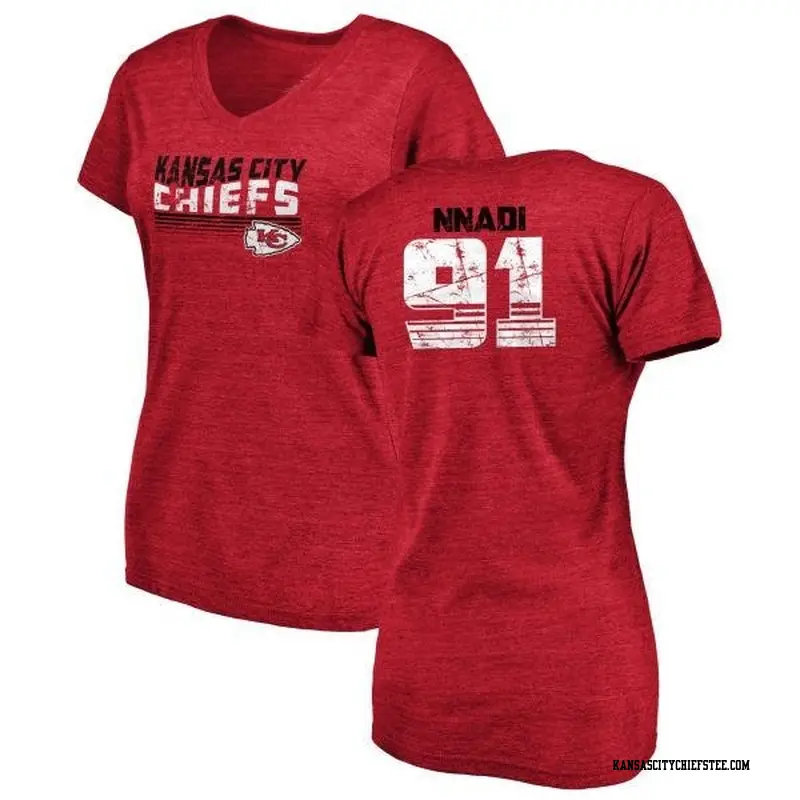 Women's Kansas City Chiefs ＃91 Derrick Nnadi Red Retro V-Neck T-Shirt