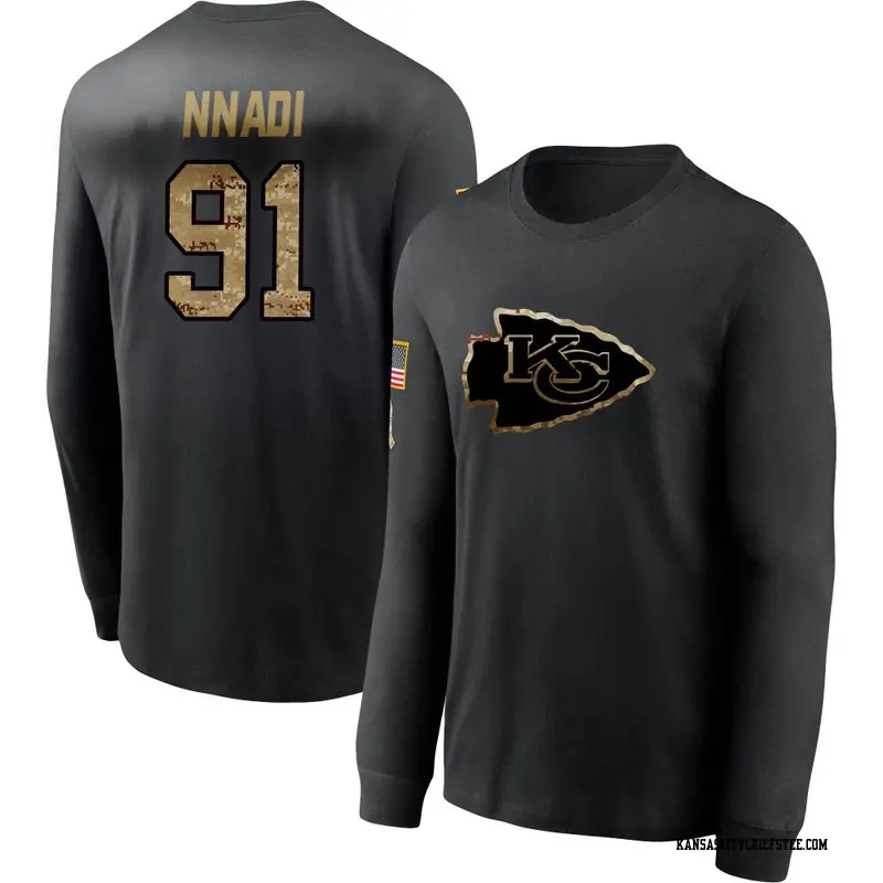 Youth Kansas City Chiefs ＃91 Derrick Nnadi Black 2020 Salute To Service Sideline Performance Long Sleeve T-Shirt