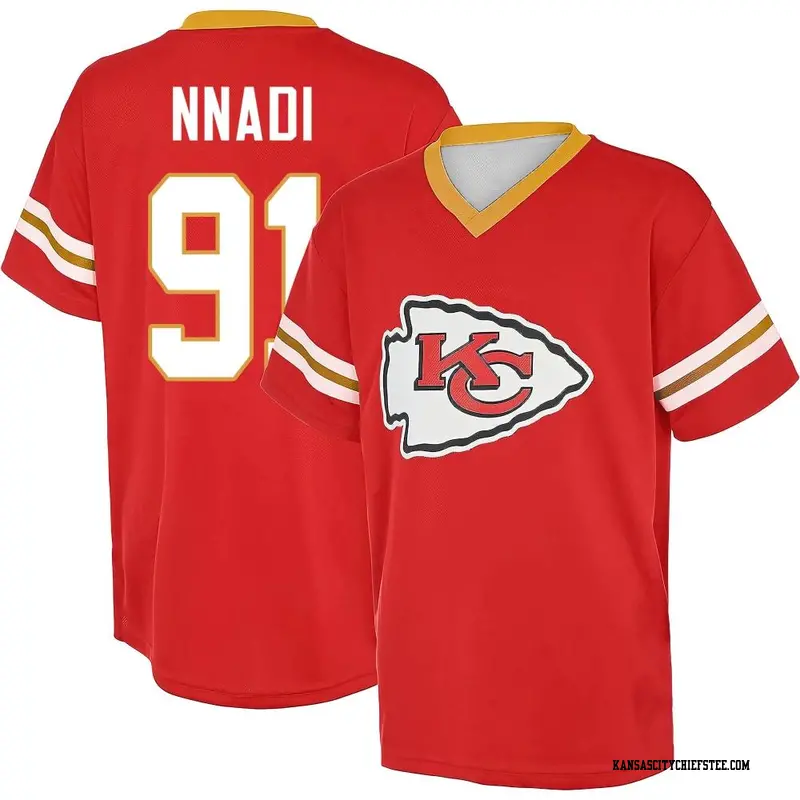 Youth Kansas City Chiefs ＃91 Derrick Nnadi Red Name & Number Game Day V-Neck T-Shirt